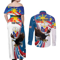 Personalized Filipino-American Couples Matching Off Shoulder Maxi Dress and Long Sleeve Button Shirt The Eight-Rayed Sun with Bald Eagle LT9 - Polynesian Pride
