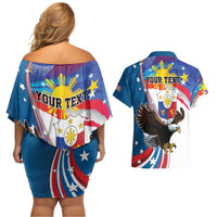 Personalized Filipino-American Couples Matching Off Shoulder Short Dress and Hawaiian Shirt The Eight-Rayed Sun with Bald Eagle LT9 - Polynesian Pride