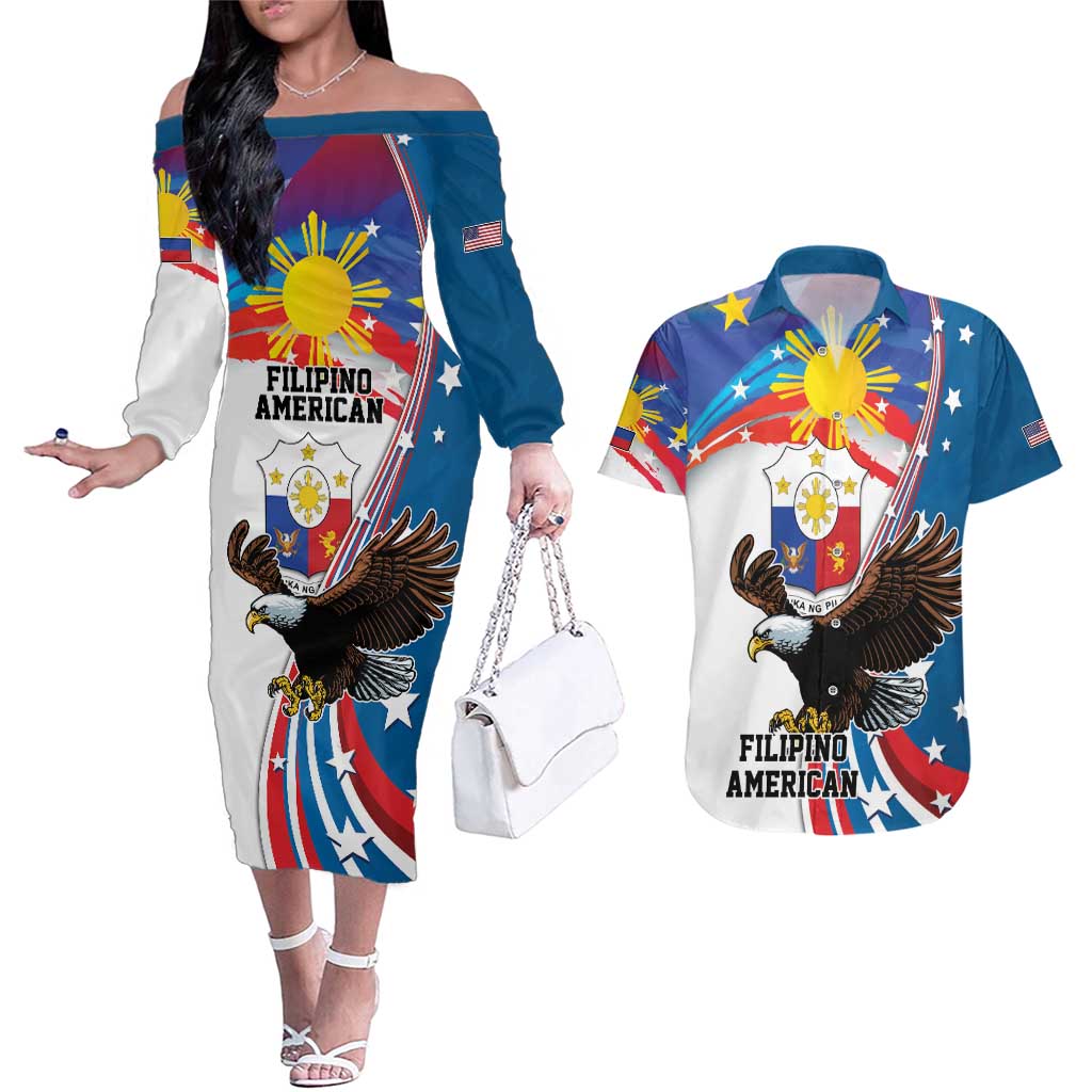 Personalized Filipino-American Couples Matching Off The Shoulder Long Sleeve Dress and Hawaiian Shirt The Eight-Rayed Sun with Bald Eagle LT9 Blue - Polynesian Pride