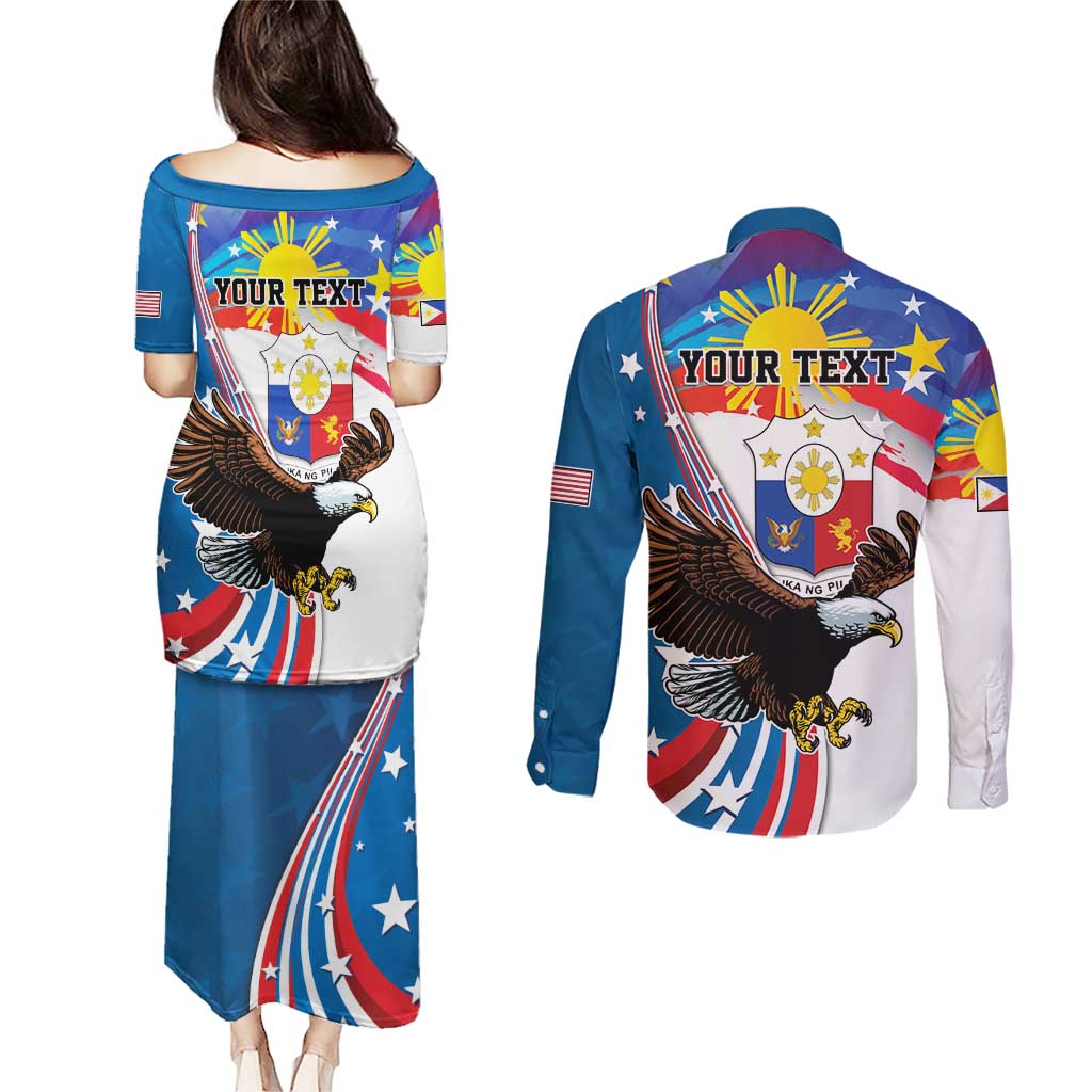 Personalized Filipino-American Couples Matching Puletasi and Long Sleeve Button Shirt The Eight-Rayed Sun with Bald Eagle LT9 - Polynesian Pride