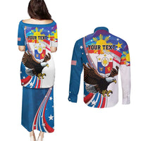 Personalized Filipino-American Couples Matching Puletasi and Long Sleeve Button Shirt The Eight-Rayed Sun with Bald Eagle LT9 - Polynesian Pride