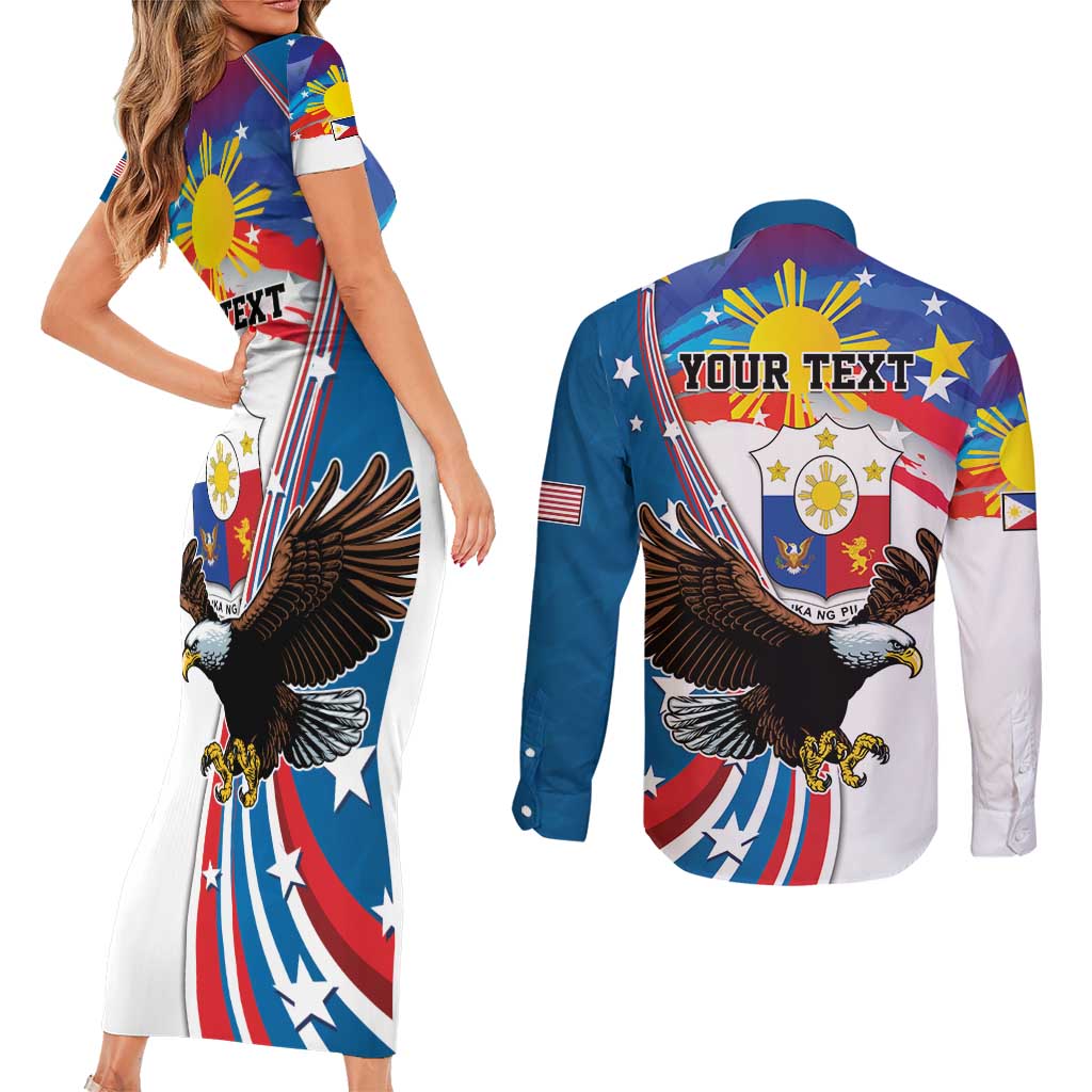 Personalized Filipino-American Couples Matching Short Sleeve Bodycon Dress and Long Sleeve Button Shirt The Eight-Rayed Sun with Bald Eagle LT9 - Polynesian Pride