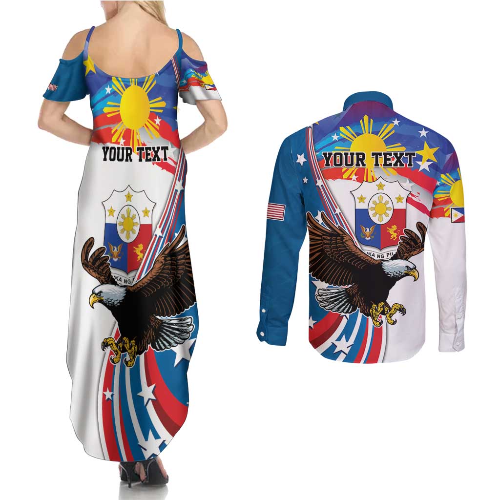 Personalized Filipino-American Couples Matching Summer Maxi Dress and Long Sleeve Button Shirt The Eight-Rayed Sun with Bald Eagle LT9 - Polynesian Pride