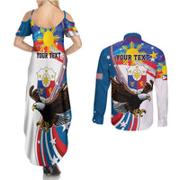Personalized Filipino-American Couples Matching Summer Maxi Dress and Long Sleeve Button Shirt The Eight-Rayed Sun with Bald Eagle LT9 - Polynesian Pride