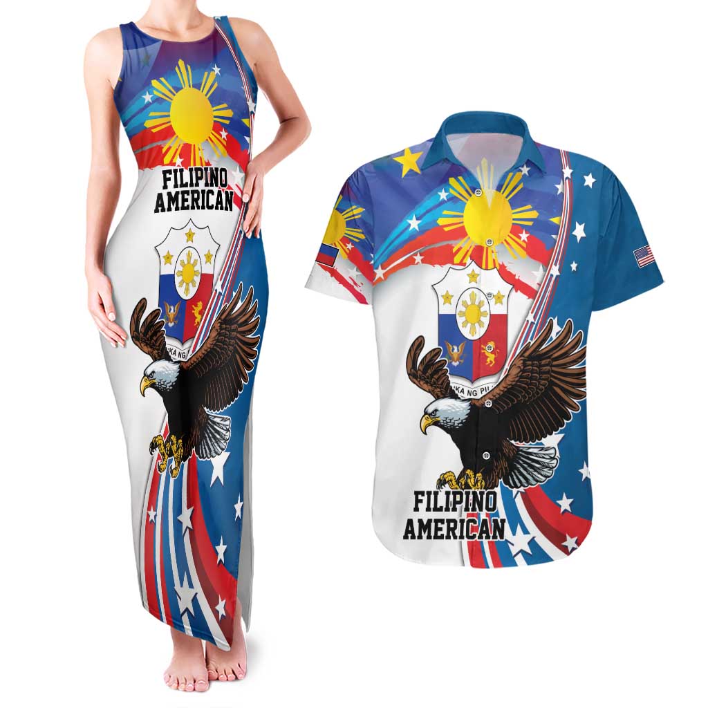 Personalized Filipino-American Couples Matching Tank Maxi Dress and Hawaiian Shirt The Eight-Rayed Sun with Bald Eagle LT9 Blue - Polynesian Pride