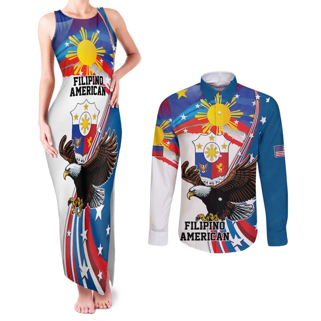 Personalized Filipino-American Couples Matching Tank Maxi Dress and Long Sleeve Button Shirt The Eight-Rayed Sun with Bald Eagle LT9 Blue - Polynesian Pride