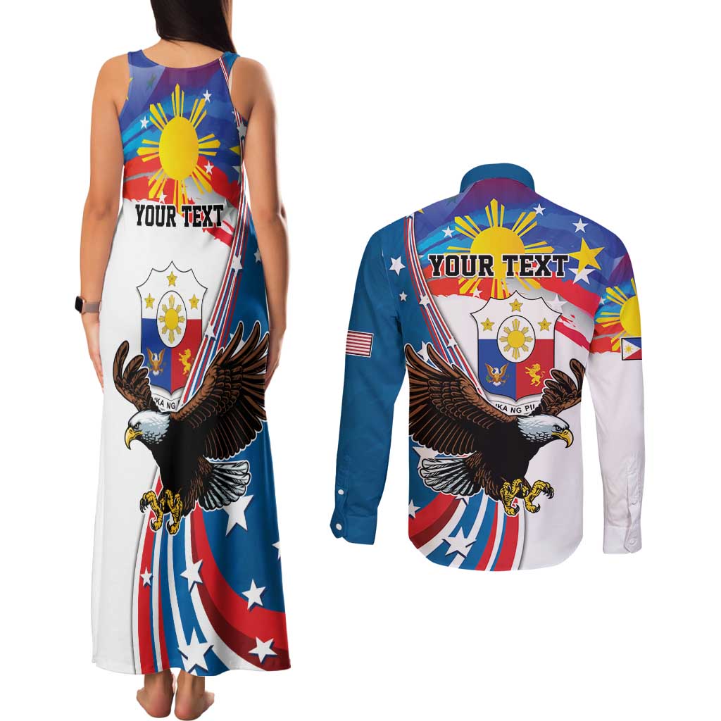 Personalized Filipino-American Couples Matching Tank Maxi Dress and Long Sleeve Button Shirt The Eight-Rayed Sun with Bald Eagle LT9 - Polynesian Pride