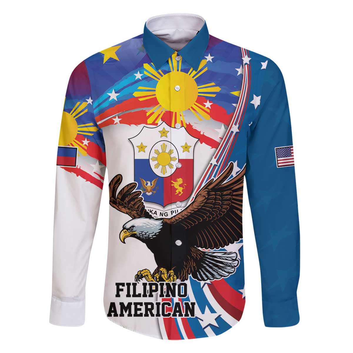 Personalized Filipino-American Family Matching Off The Shoulder Long Sleeve Dress and Hawaiian Shirt The Eight-Rayed Sun with Bald Eagle LT9 Dad's Shirt - Long Sleeve Blue - Polynesian Pride