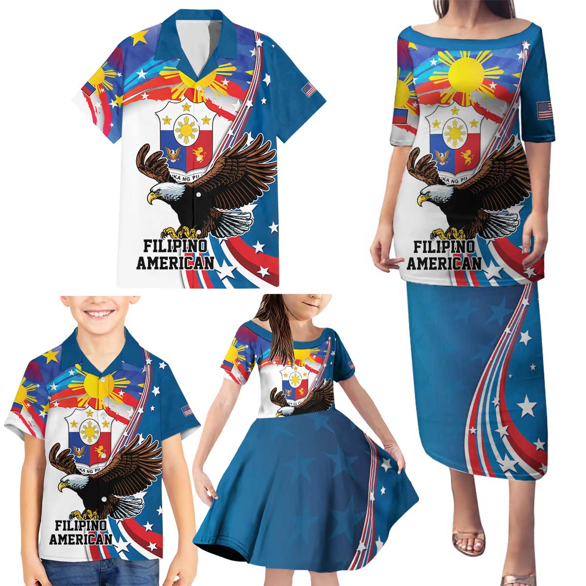 Personalized Filipino-American Family Matching Puletasi and Hawaiian Shirt The Eight-Rayed Sun with Bald Eagle