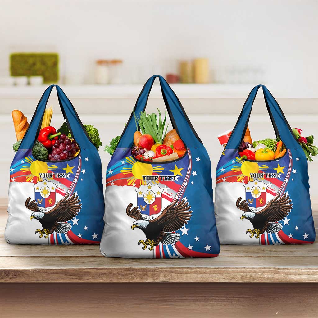 Personalized Filipino-American Grocery Bag The Eight-Rayed Sun with Bald Eagle LT9 3-pack One Size Blue - Polynesian Pride