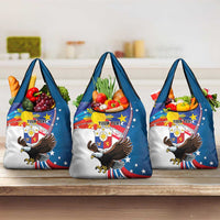 Personalized Filipino-American Grocery Bag The Eight-Rayed Sun with Bald Eagle LT9 3-pack One Size Blue - Polynesian Pride