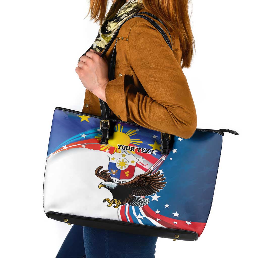 Personalized Filipino-American Leather Tote Bag The Eight-Rayed Sun with Bald Eagle LT9 Blue - Polynesian Pride