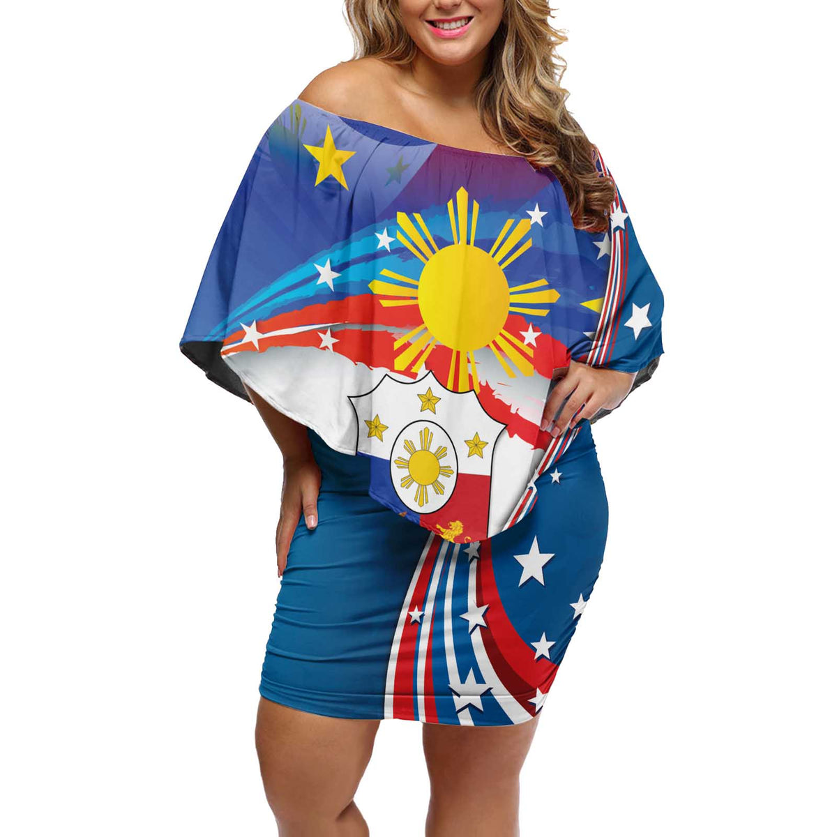 Personalized Filipino-American Off Shoulder Short Dress The Eight-Rayed Sun with Bald Eagle LT9 Women Blue - Polynesian Pride