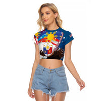 Personalized Filipino-American Raglan Cropped T Shirt The Eight-Rayed Sun with Bald Eagle LT9 Female Blue - Polynesian Pride