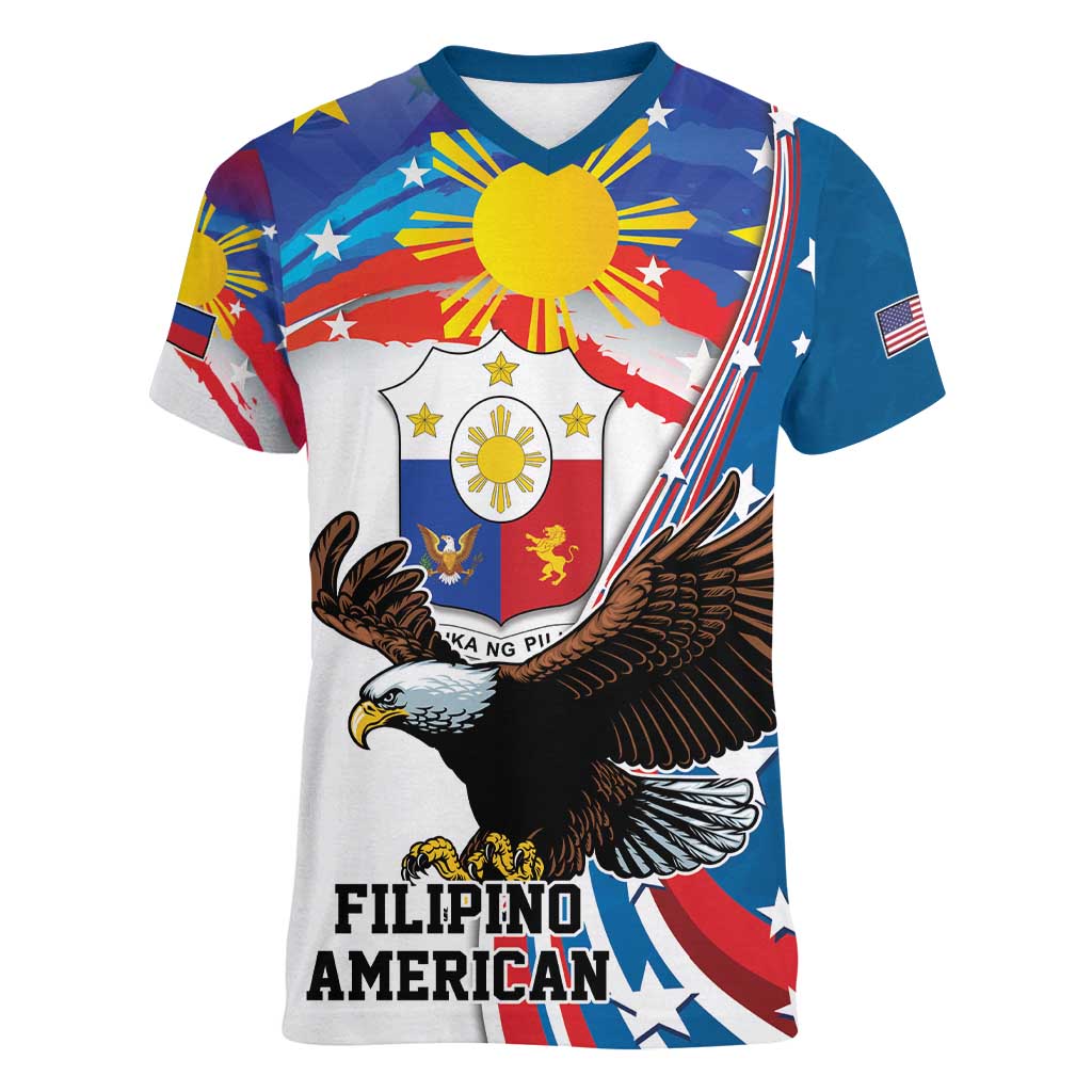 Personalized Filipino-American Women V-Neck T-Shirt The Eight-Rayed Sun with Bald Eagle LT9 Female Blue - Polynesian Pride