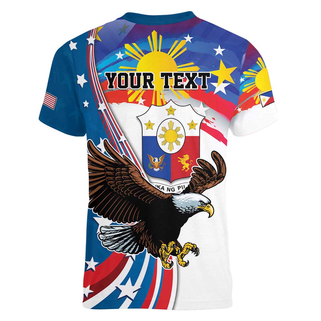Personalized Filipino-American Women V-Neck T-Shirt The Eight-Rayed Sun with Bald Eagle LT9 - Polynesian Pride