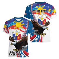 Personalized Filipino-American Women V-Neck T-Shirt The Eight-Rayed Sun with Bald Eagle LT9 - Polynesian Pride