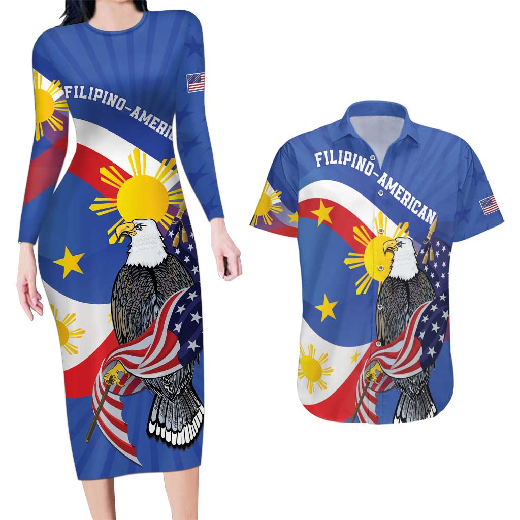 Personalized Filipino-American Couples Matching Long Sleeve Bodycon Dress and Hawaiian Shirt Philippines Coat Of Arms with Bald Eagle