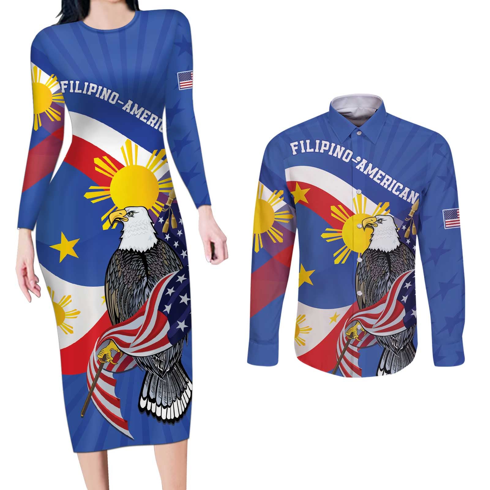 Personalized Filipino-American Couples Matching Long Sleeve Bodycon Dress and Long Sleeve Button Shirt Philippines Coat Of Arms with Bald Eagle