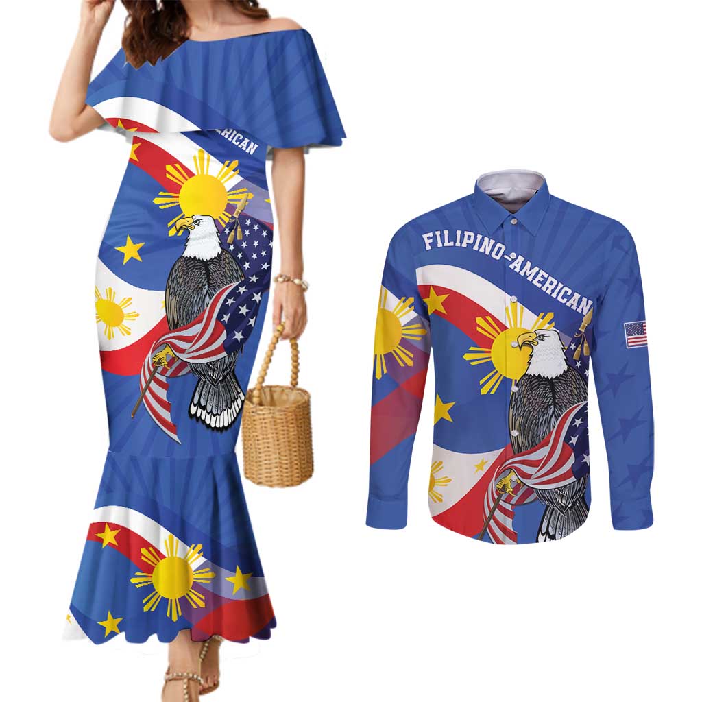 Personalized Filipino-American Couples Matching Mermaid Dress and Long Sleeve Button Shirt Philippines Coat Of Arms with Bald Eagle