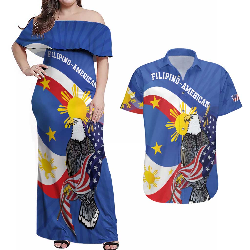 Personalized Filipino-American Couples Matching Off Shoulder Maxi Dress and Hawaiian Shirt Philippines Coat Of Arms with Bald Eagle