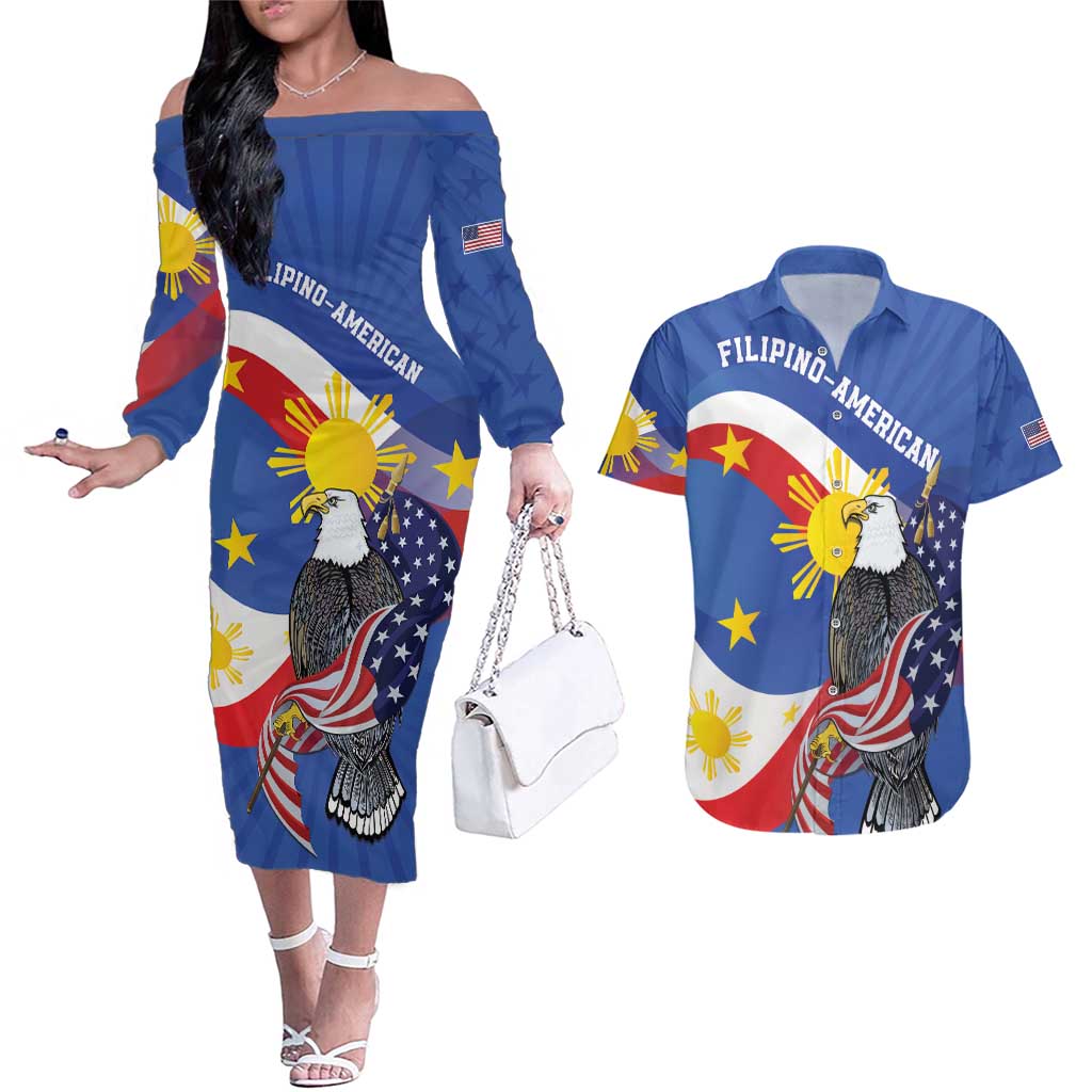 Personalized Filipino-American Couples Matching Off The Shoulder Long Sleeve Dress and Hawaiian Shirt Philippines Coat Of Arms with Bald Eagle