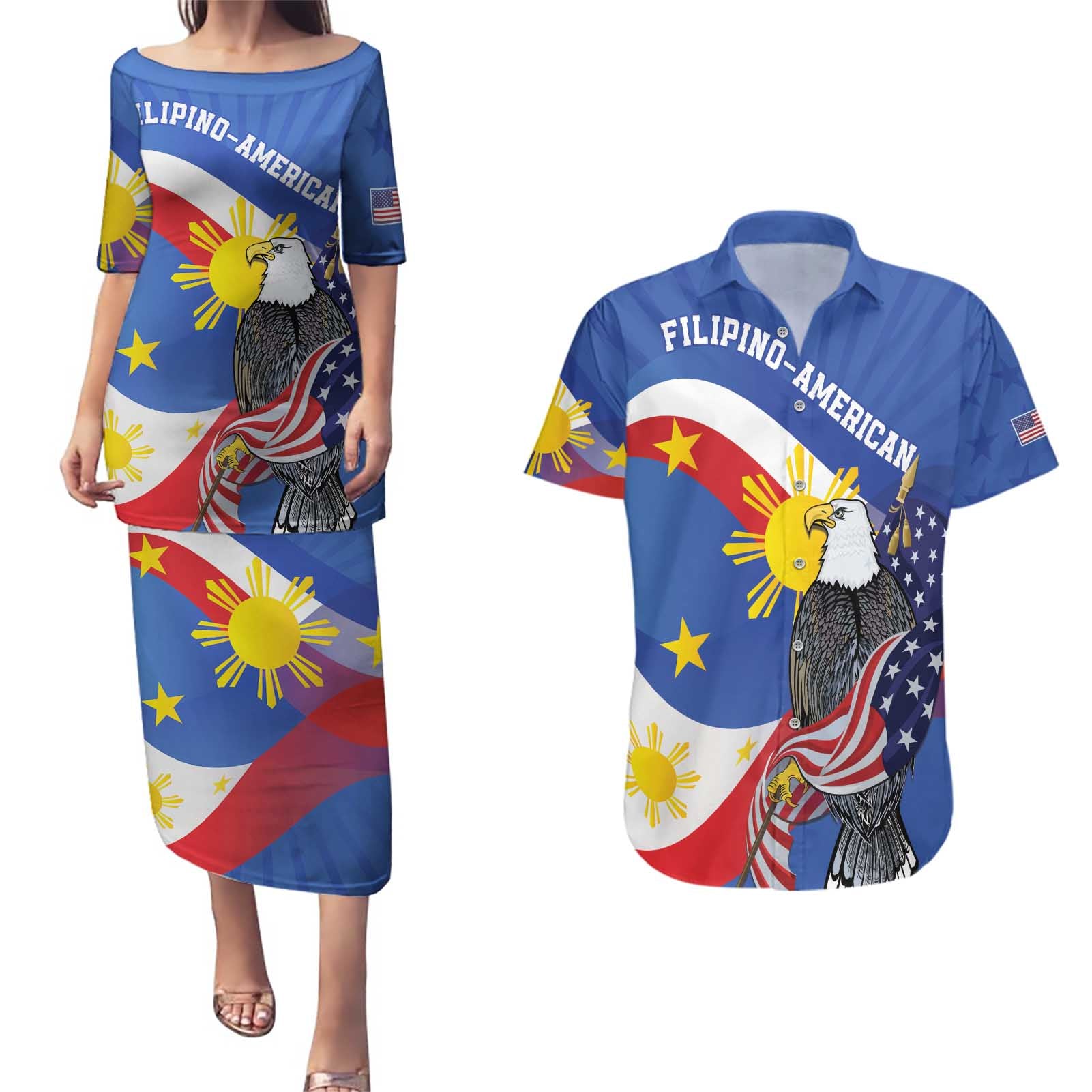 Personalized Filipino-American Couples Matching Puletasi and Hawaiian Shirt Philippines Coat Of Arms with Bald Eagle