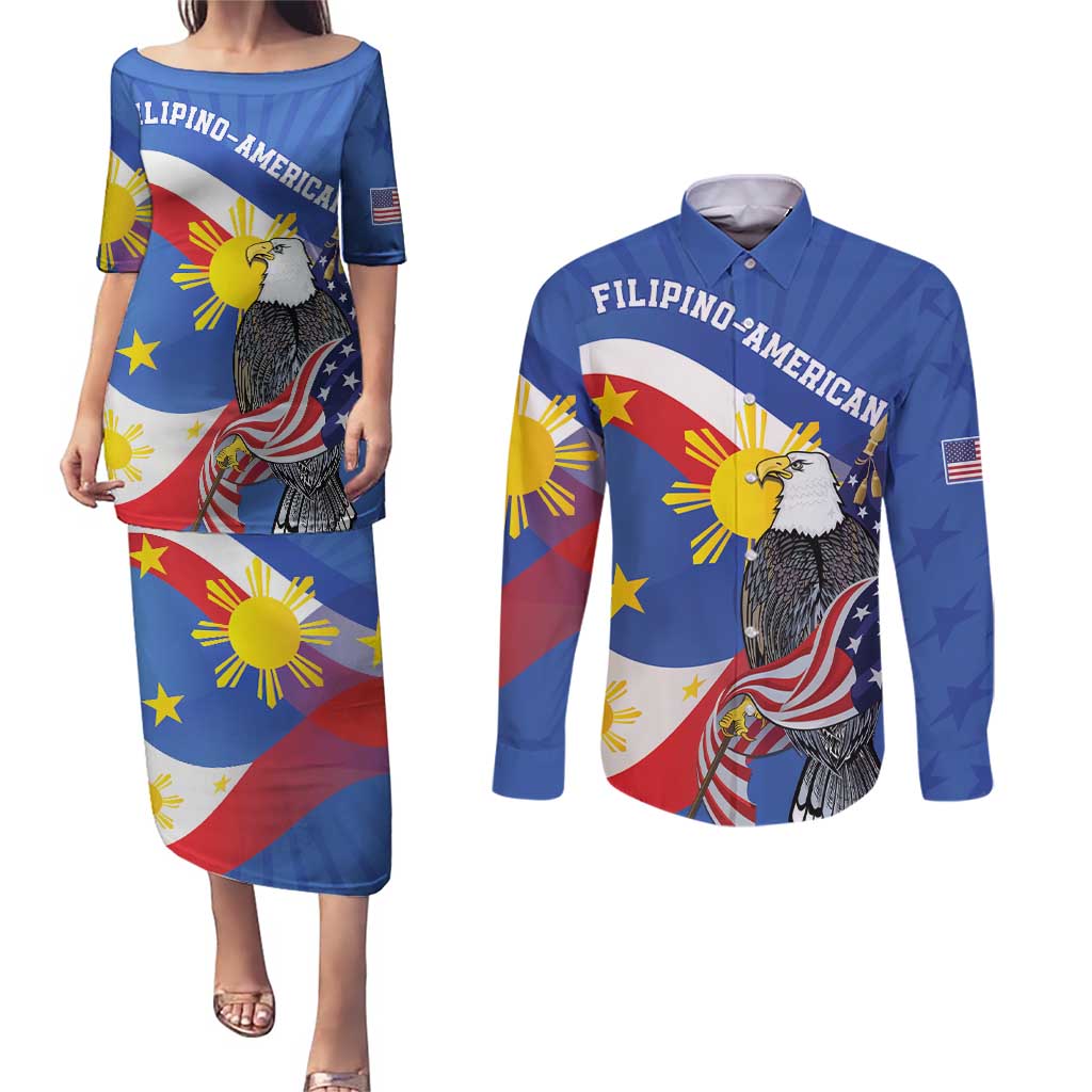 Personalized Filipino-American Couples Matching Puletasi and Long Sleeve Button Shirt Philippines Coat Of Arms with Bald Eagle