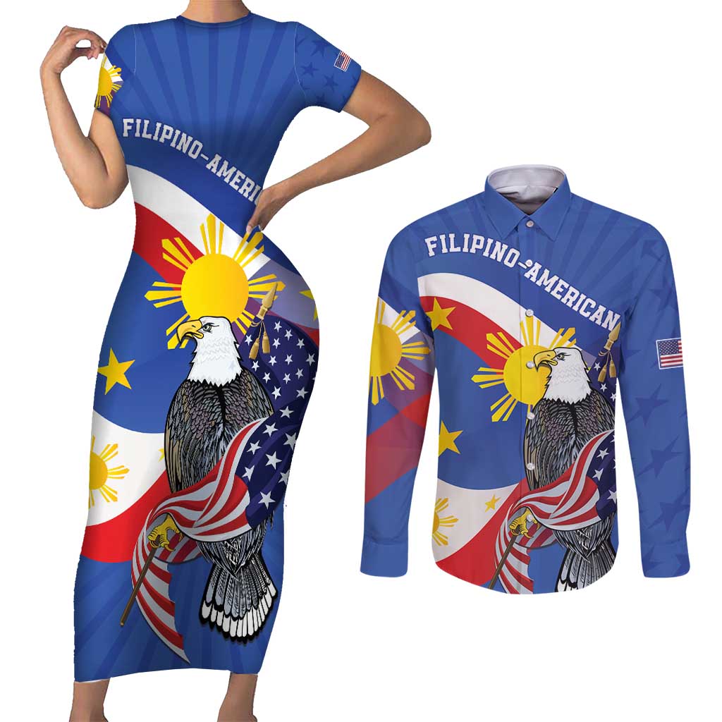 Personalized Filipino-American Couples Matching Short Sleeve Bodycon Dress and Long Sleeve Button Shirt Philippines Coat Of Arms with Bald Eagle