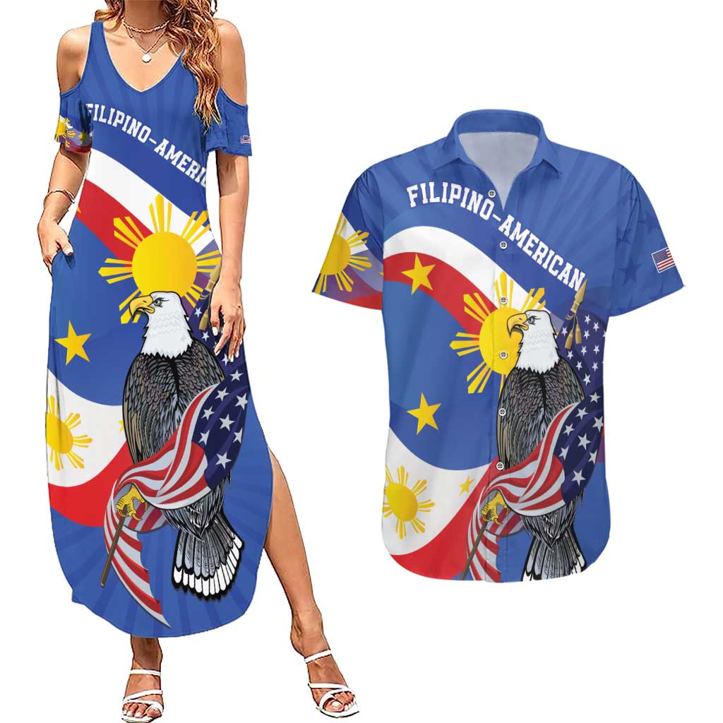 Personalized Filipino-American Couples Matching Summer Maxi Dress and Hawaiian Shirt Philippines Coat Of Arms with Bald Eagle