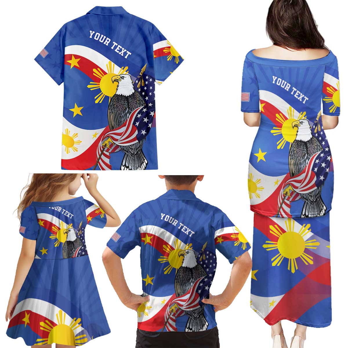 Personalized Filipino-American Family Matching Puletasi and Hawaiian Shirt Philippines Coat Of Arms with Bald Eagle