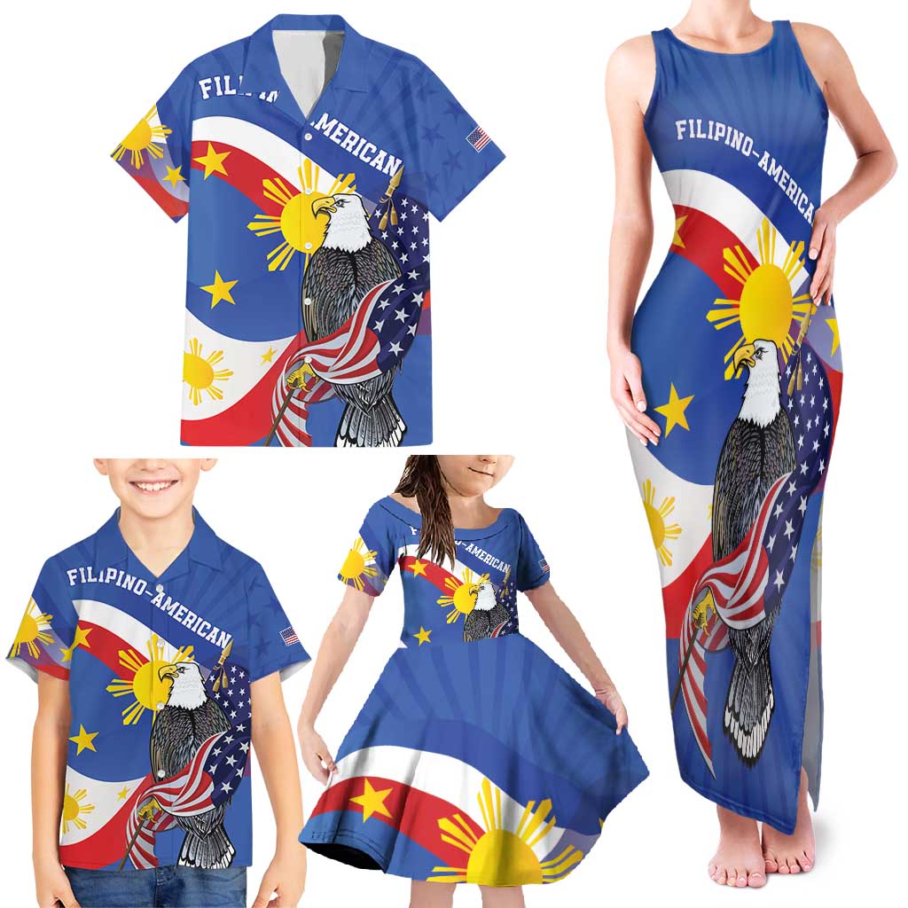 Personalized Filipino-American Family Matching Tank Maxi Dress and Hawaiian Shirt Philippines Coat Of Arms with Bald Eagle