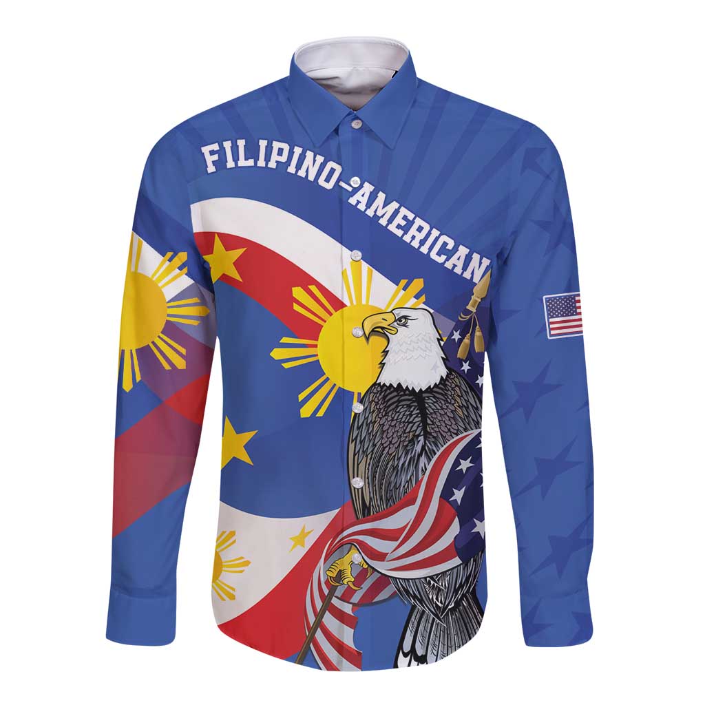 Personalized Filipino-American Long Sleeve Button Shirt Philippines Coat Of Arms with Bald Eagle