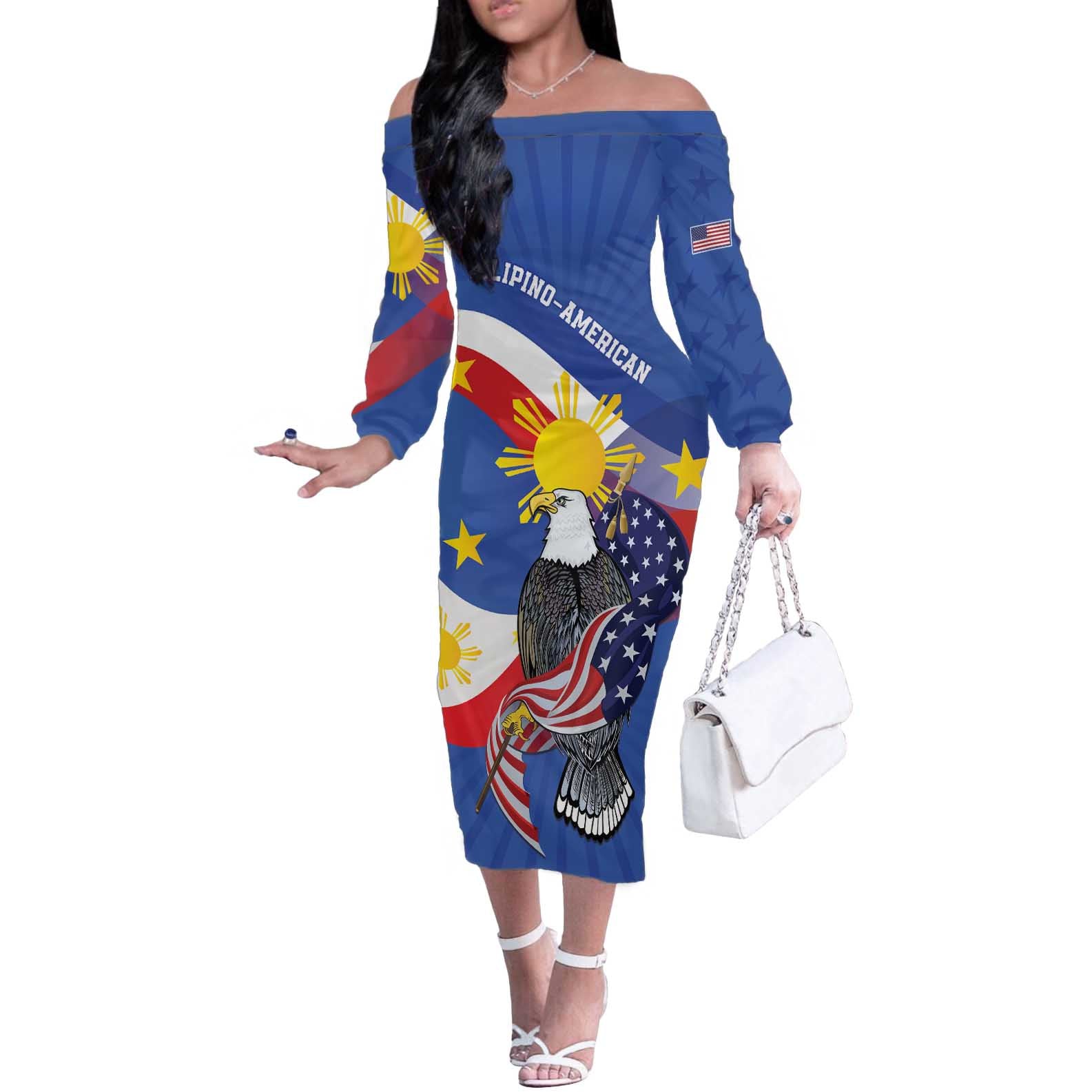 Personalized Filipino-American Off The Shoulder Long Sleeve Dress Philippines Coat Of Arms with Bald Eagle