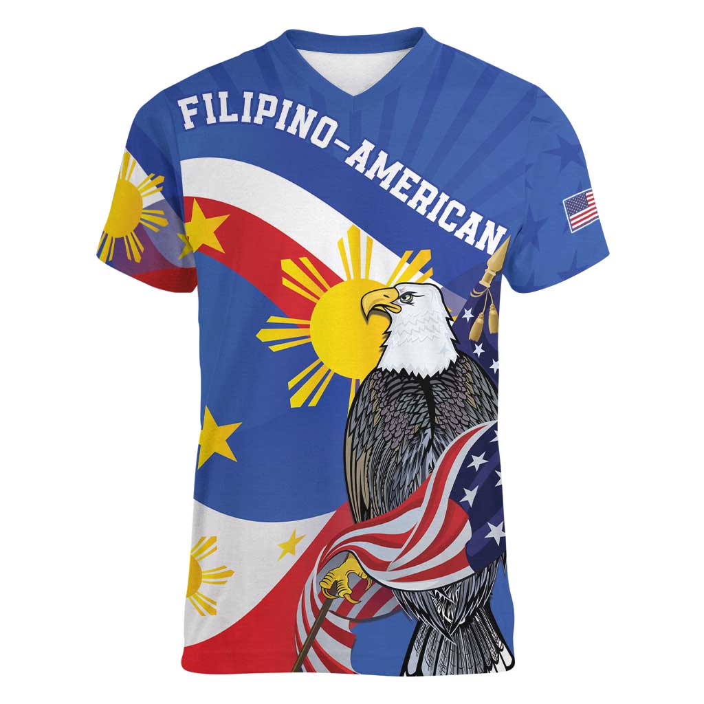 Personalized Filipino-American Women V-Neck T-Shirt Philippines Coat Of Arms with Bald Eagle