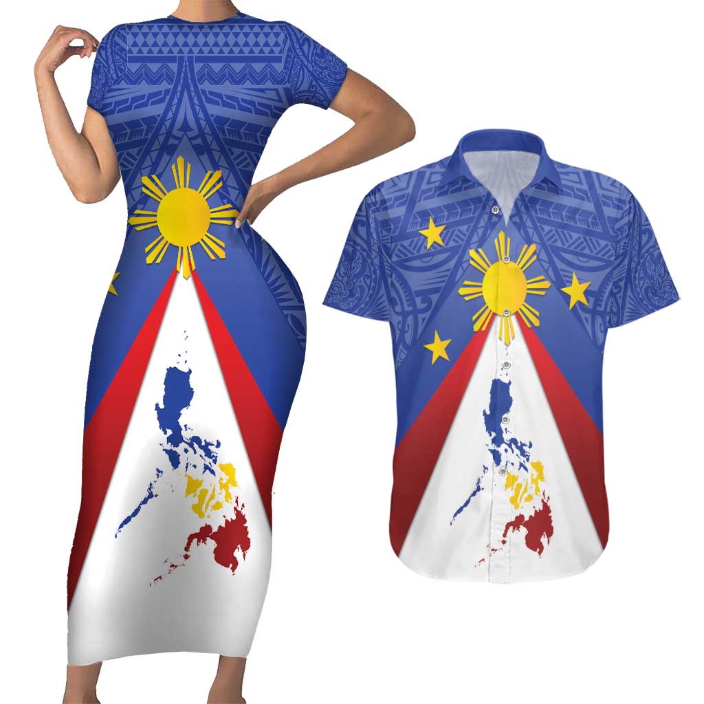 Personalized Pilipinas Eight-Rayed Sun Couples Matching Short Sleeve Bodycon Dress and Hawaiian Shirt Philippines Map With Polynesian Style