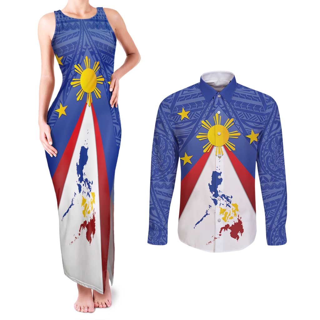 Personalized Pilipinas Eight-Rayed Sun Couples Matching Tank Maxi Dress and Long Sleeve Button Shirt Philippines Map With Polynesian Style