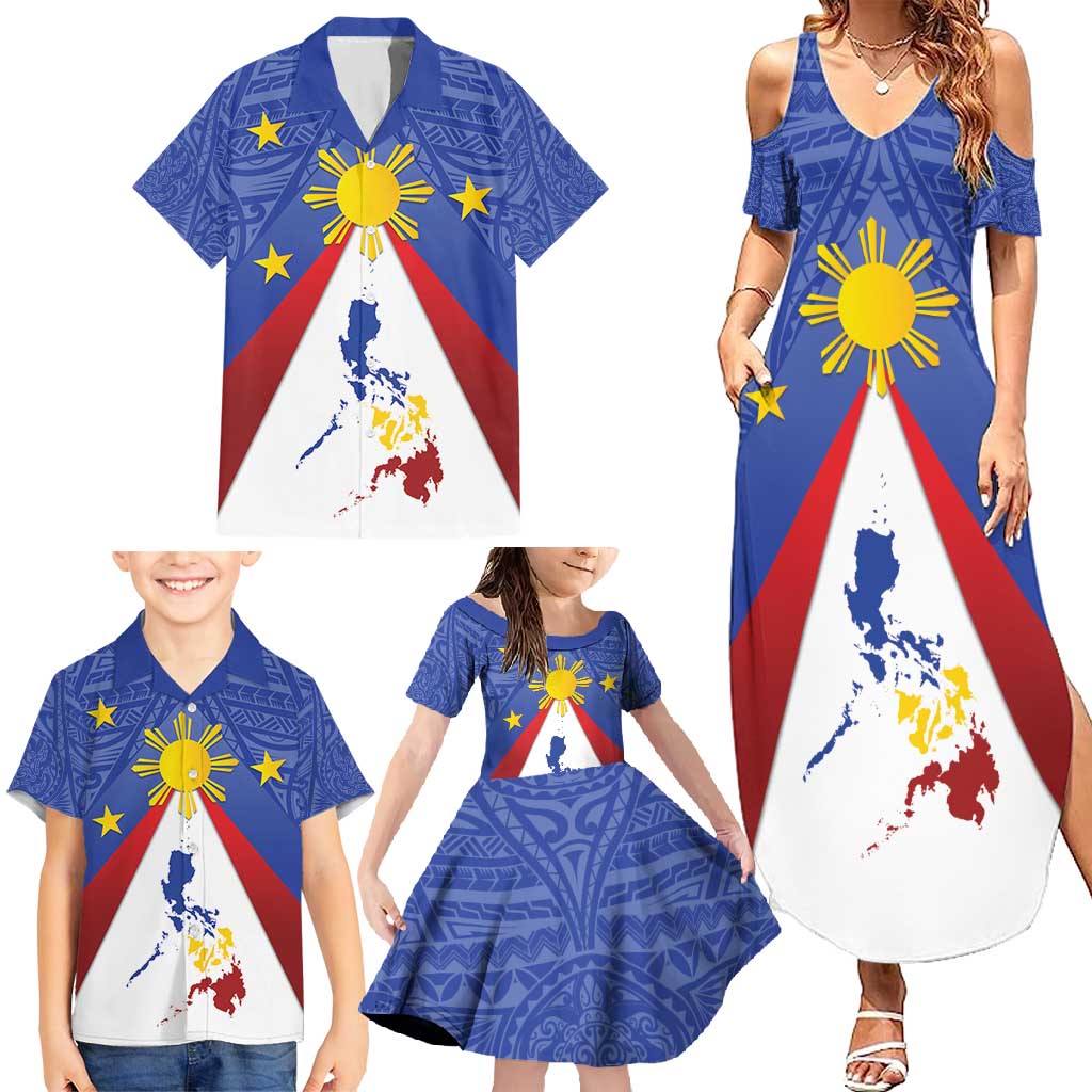 Personalized Pilipinas Eight-Rayed Sun Family Matching Summer Maxi Dress and Hawaiian Shirt Philippines Map With Polynesian Style