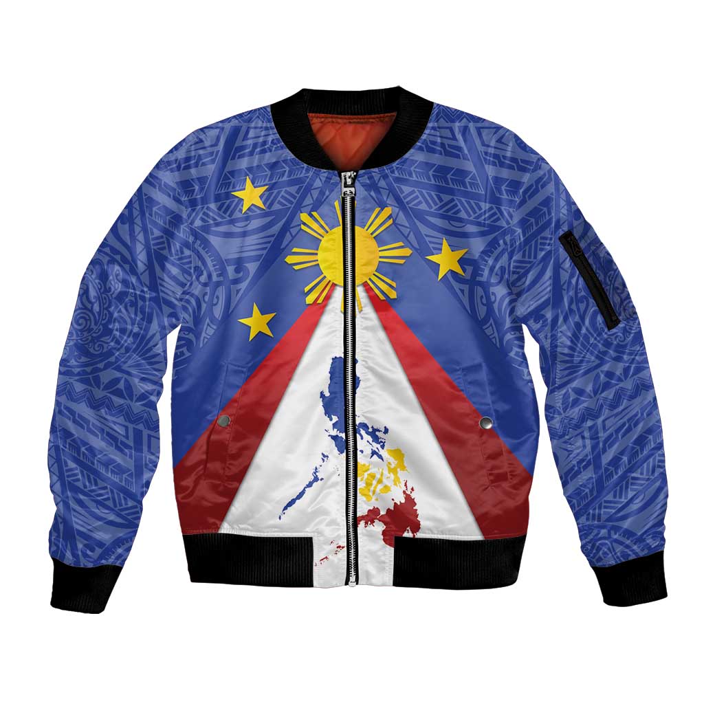 Personalized Pilipinas Eight-Rayed Sun Sleeve Zip Bomber Jacket Philippines Map With Polynesian Style