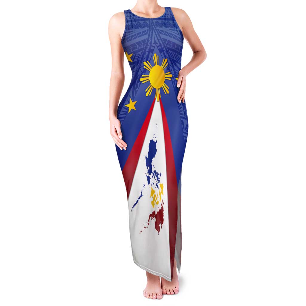 Personalized Pilipinas Eight-Rayed Sun Tank Maxi Dress Philippines Map With Polynesian Style