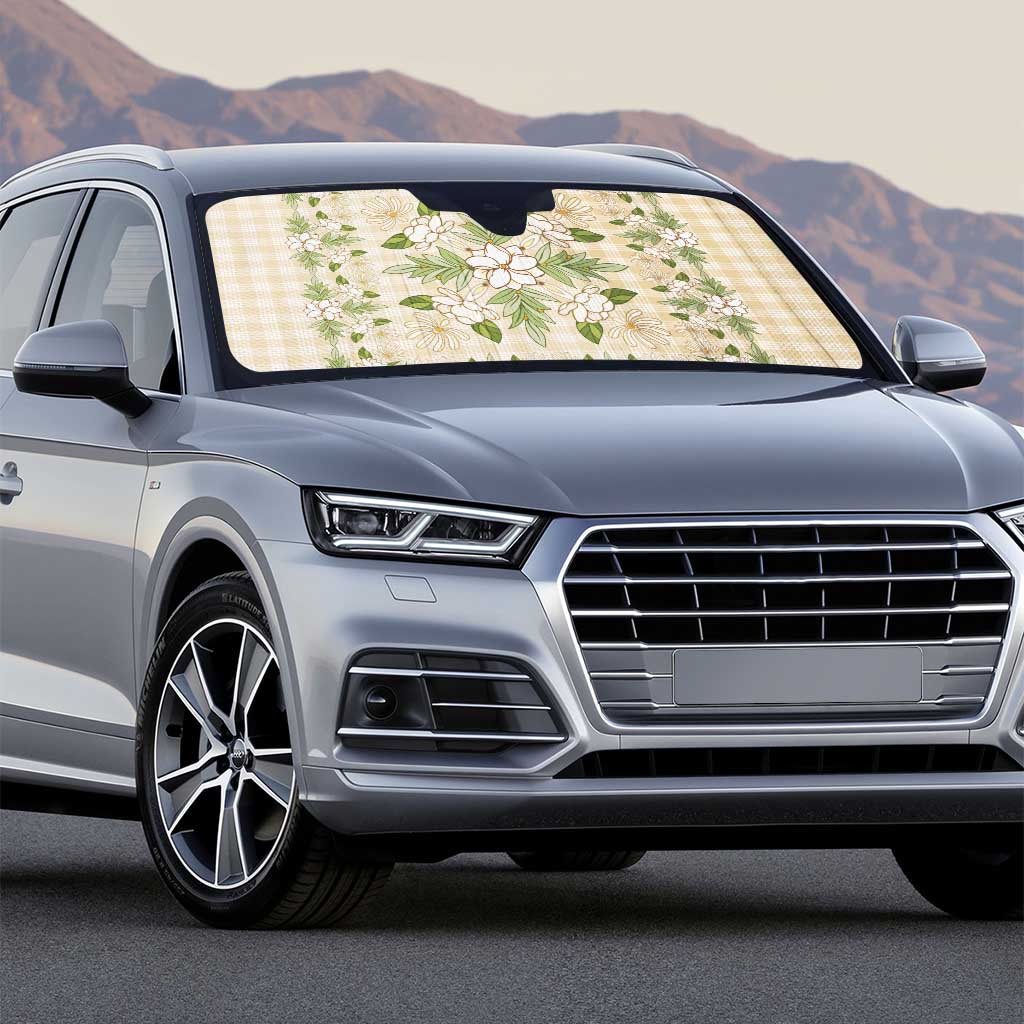 Squares Maile Leaf Auto Sun Shade Beige Palaka Hawaiian Quilt Pattern - Polynesian Pride