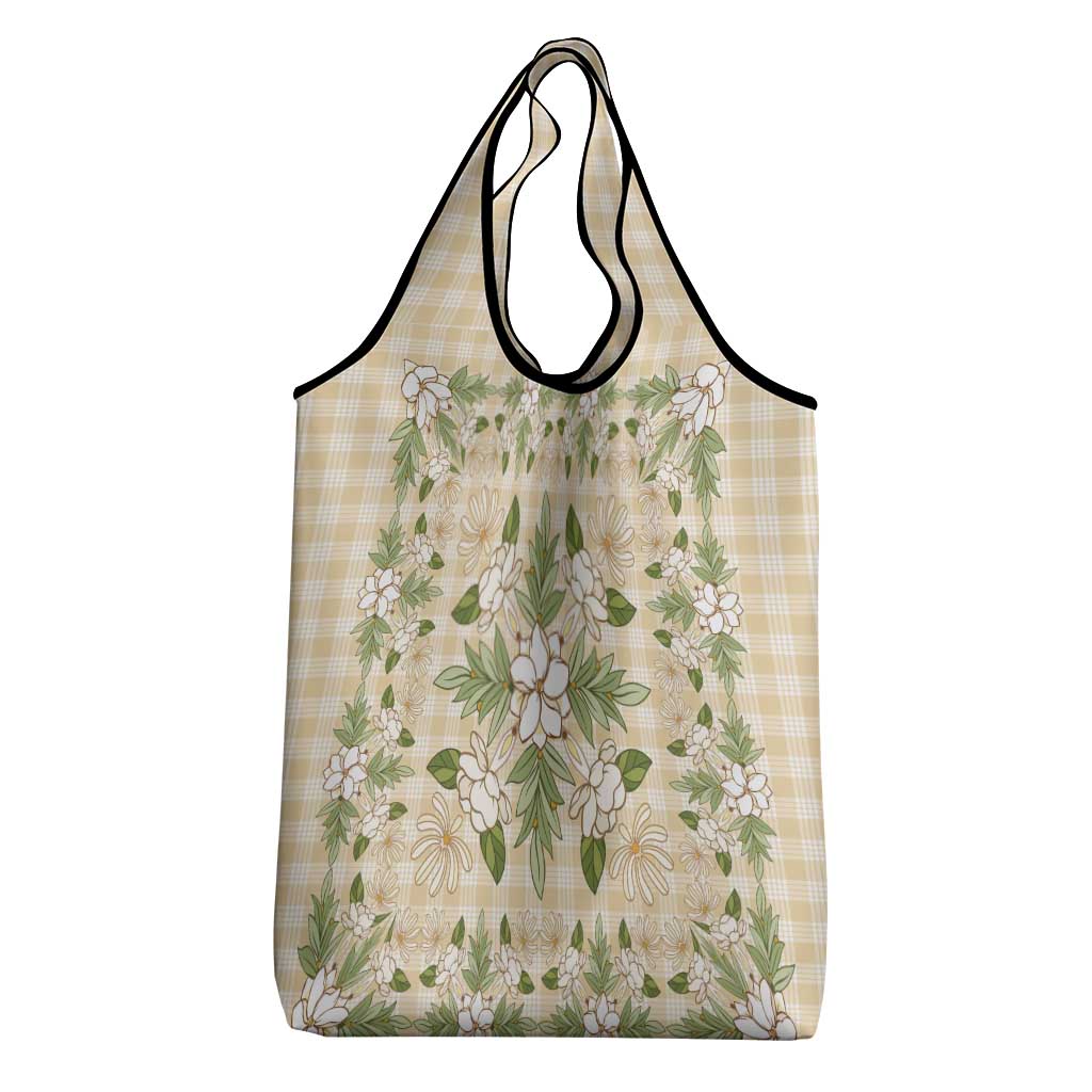 Squares Maile Leaf Grocery Bag Beige Palaka Hawaiian Quilt Pattern - Polynesian Pride