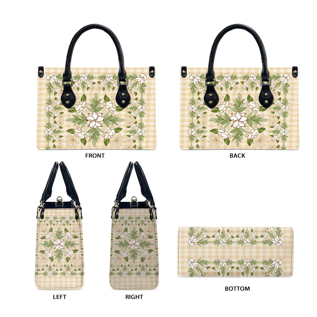 Squares Maile Leaf Leather Bag Beige Palaka Hawaiian Quilt Pattern - Polynesian Pride