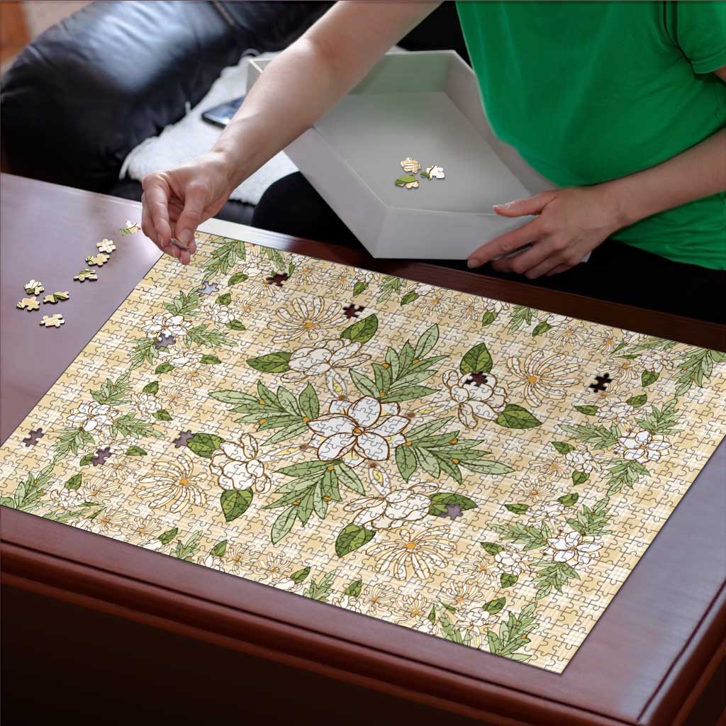 Squares Maile Leaf Puzzle Beige Palaka Hawaiian Quilt Pattern - Polynesian Pride