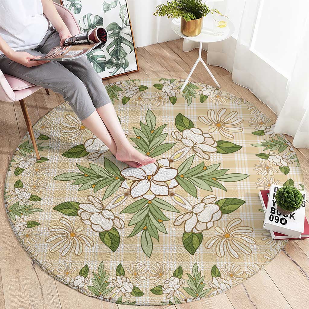 Squares Maile Leaf Round Carpet Beige Palaka Hawaiian Quilt Pattern - Polynesian Pride
