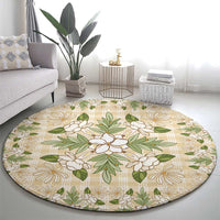 Squares Maile Leaf Round Carpet Beige Palaka Hawaiian Quilt Pattern - Polynesian Pride