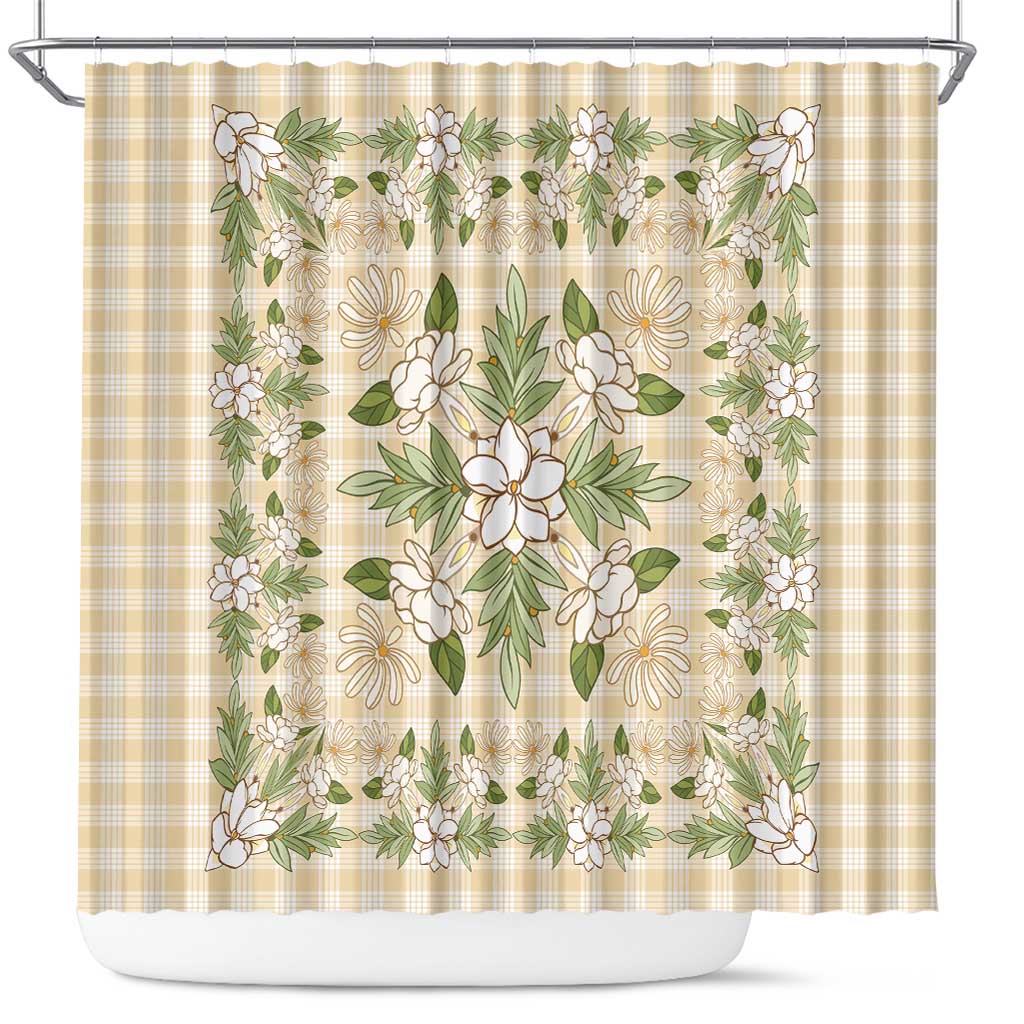 Squares Maile Leaf Shower Curtain Beige Palaka Hawaiian Quilt Pattern - Polynesian Pride