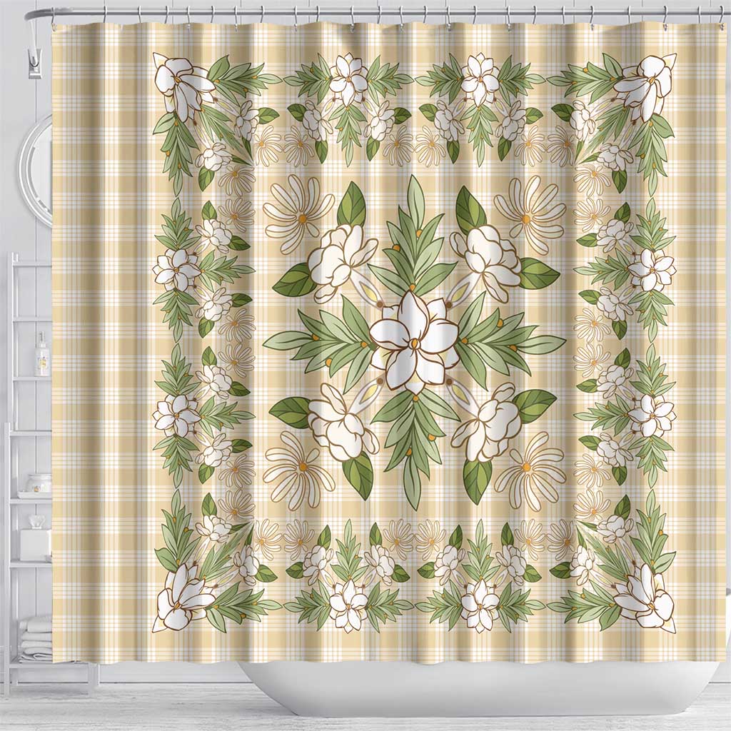 Squares Maile Leaf Shower Curtain Beige Palaka Hawaiian Quilt Pattern - Polynesian Pride