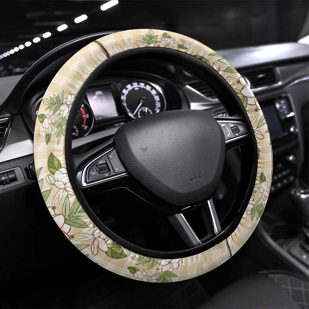 Squares Maile Leaf Steering Wheel Cover Beige Palaka Hawaiian Quilt Pattern - Polynesian Pride