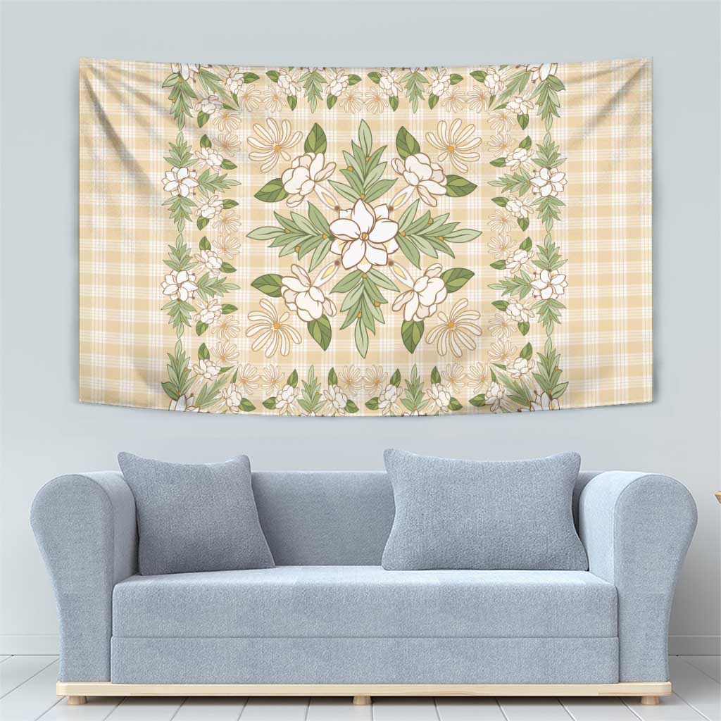 Squares Maile Leaf Tapestry Beige Palaka Hawaiian Quilt Pattern - Polynesian Pride